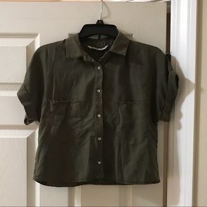 Zara Basic 1975 Olive crop button up tee